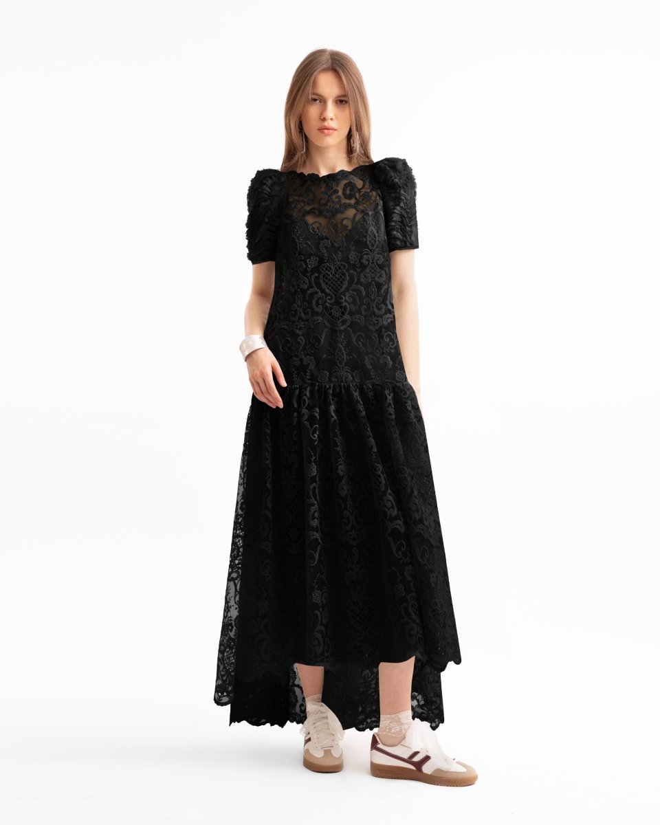 Embroidered High-Low Dress with Ruched Sleeves