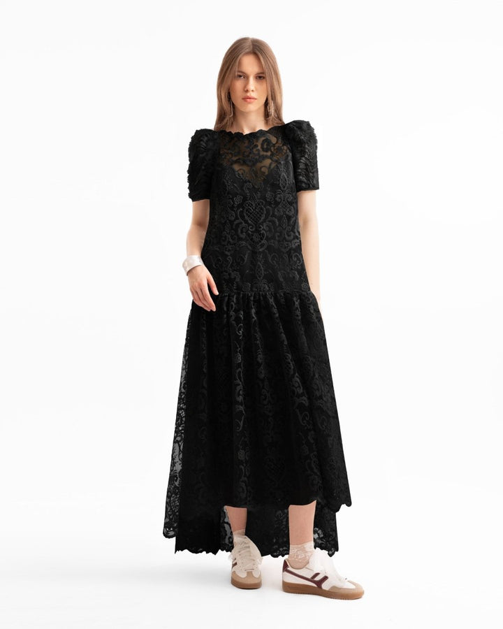 Embroidered High - Low Dress with Ruched Sleeves - Gemy Maalouf