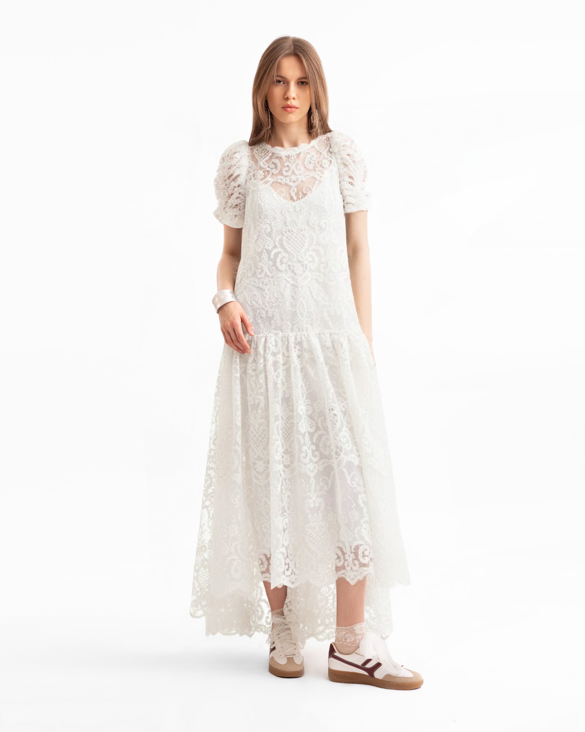 Embroidered High-Low Dress with Ruched Sleeves