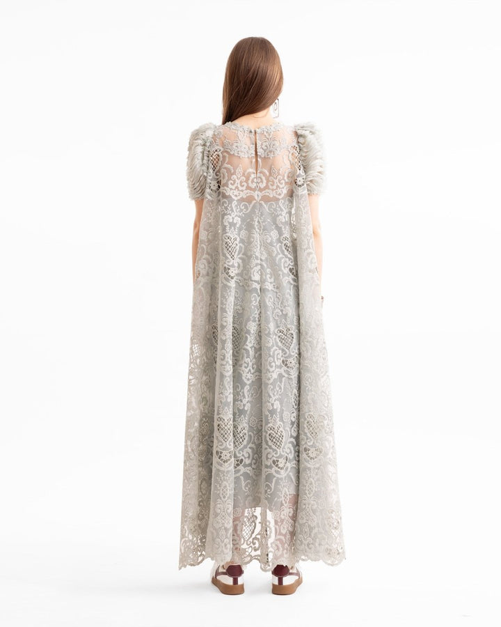 Embroidered High - Low Dress with Ruched Sleeves - Gemy Maalouf