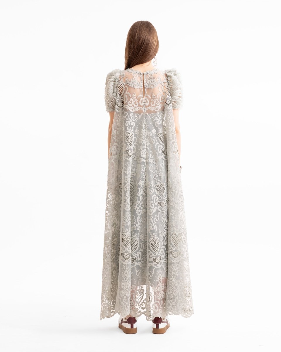 Embroidered High - Low Dress with Ruched Sleeves - Gemy Maalouf