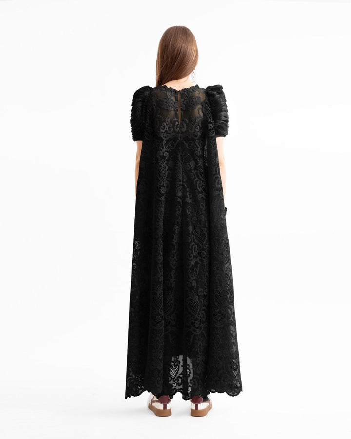 Embroidered High - Low Dress with Ruched Sleeves - Gemy Maalouf