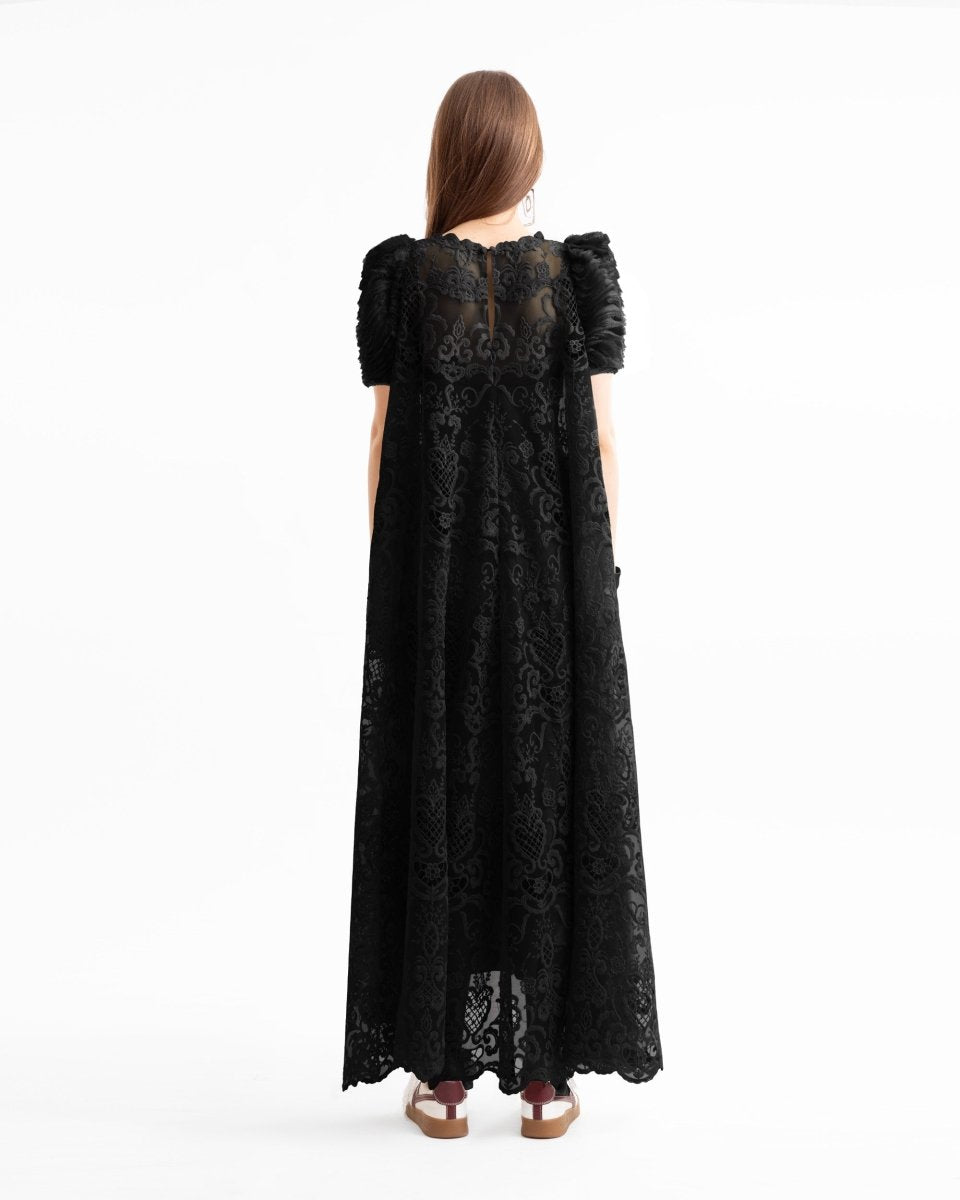 Embroidered High - Low Dress with Ruched Sleeves - Gemy Maalouf