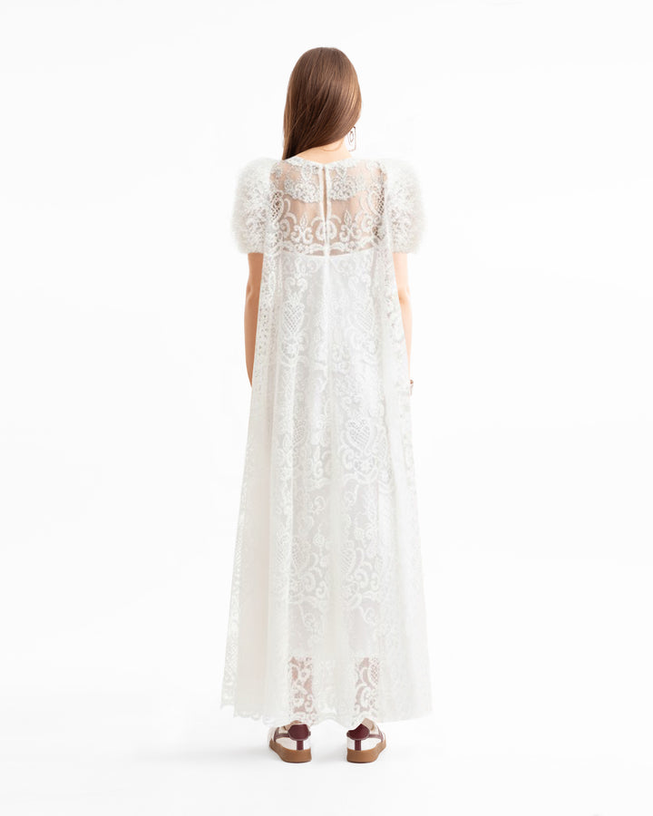 Embroidered High-Low Dress with Ruched Sleeves