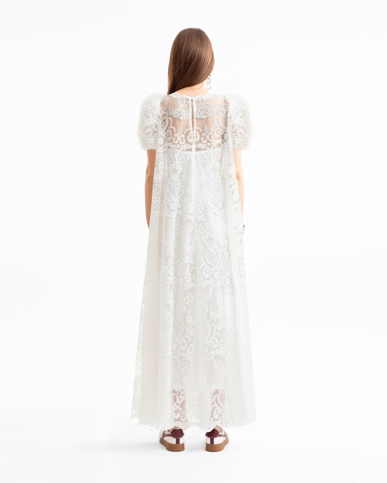 Embroidered High-Low Dress with Ruched Sleeves