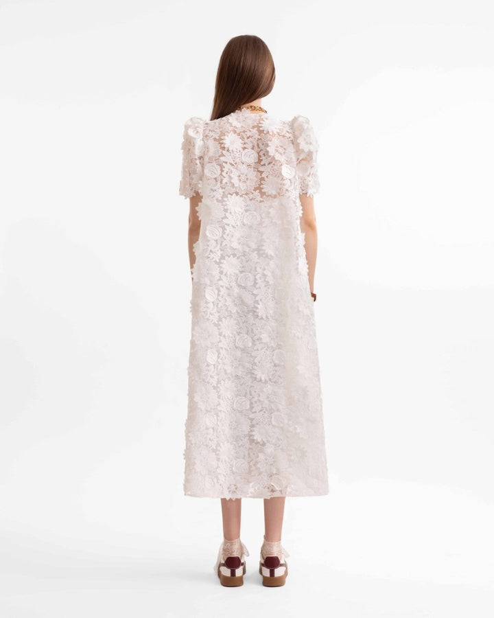 3D Floral Puff Shoulder Dress - Gemy Maalouf