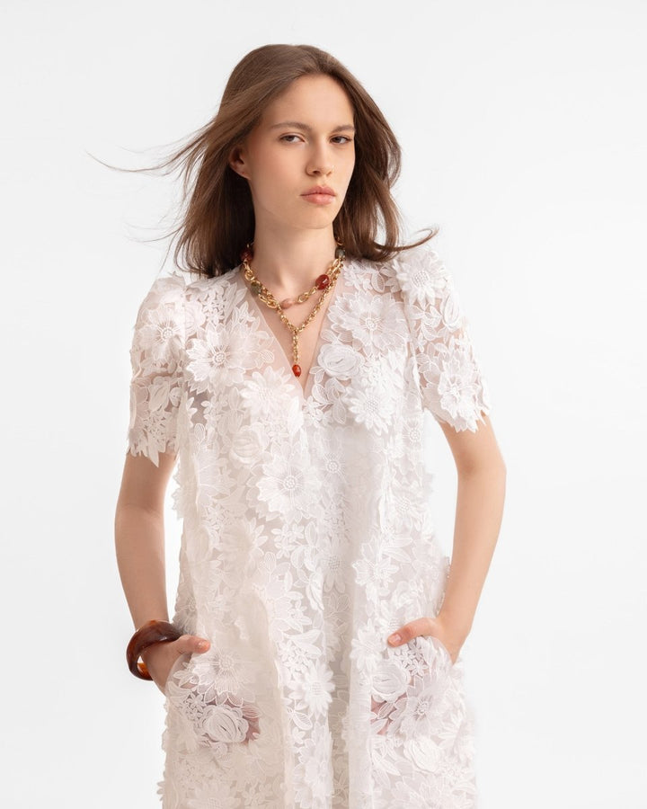 3D Floral Puff Shoulder Dress - Gemy Maalouf