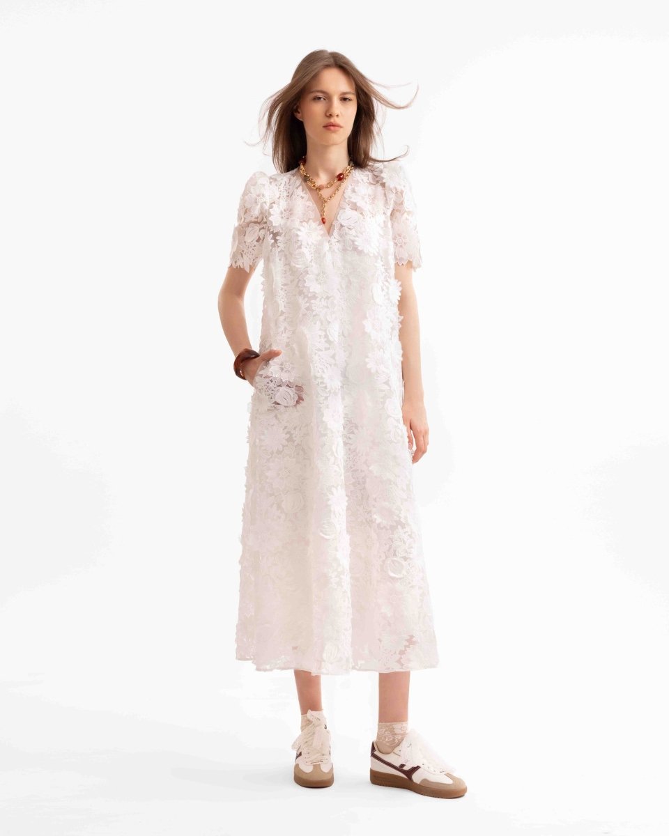 3D Floral Puff Shoulder Dress - Gemy Maalouf