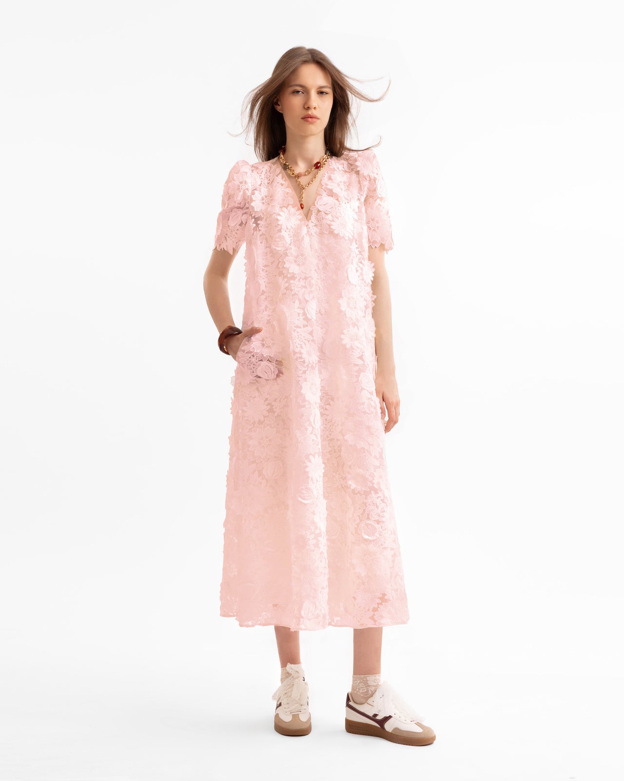 3D Floral Puff Shoulder Light Pink Dress