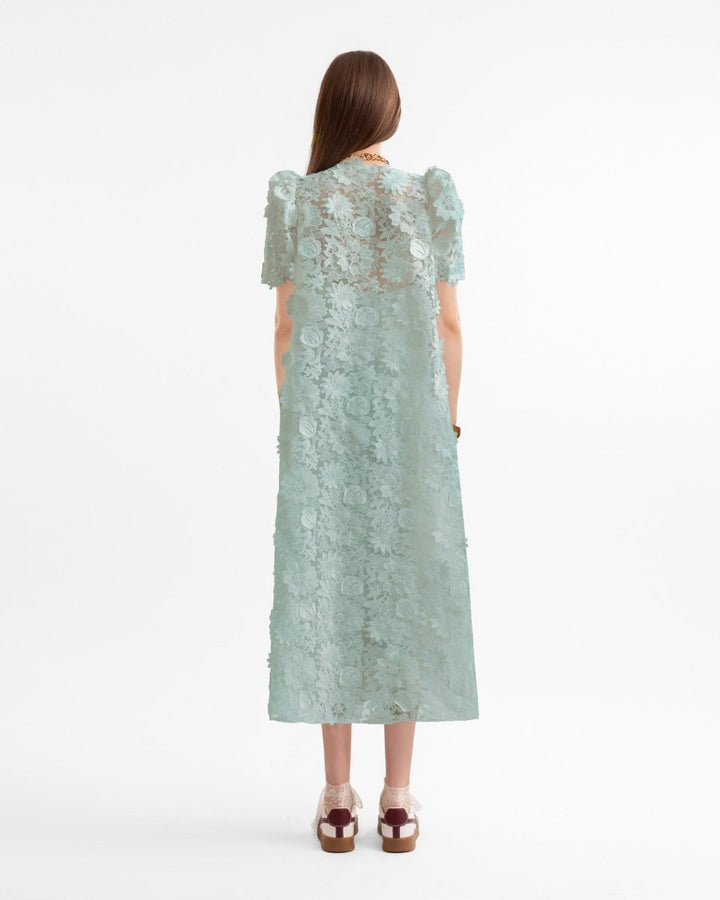 3D Floral Puff Shoulder Dress - Gemy Maalouf