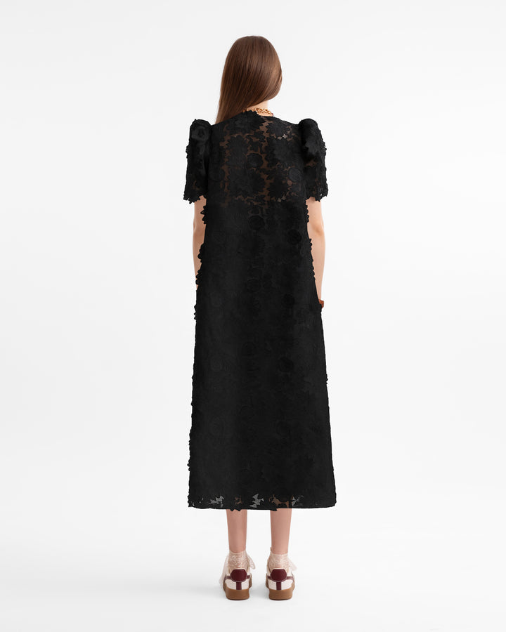 3D Floral Puff Shoulder Dress