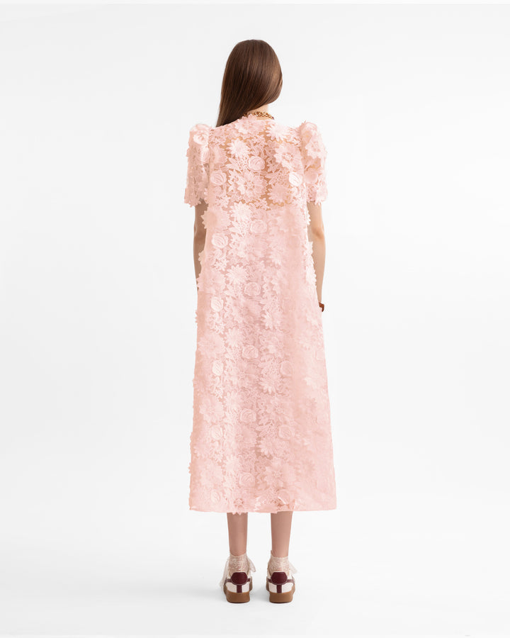 3D Floral Puff Shoulder Light Pink Dress