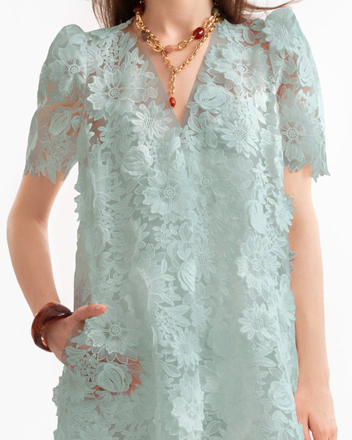 3D Floral Puff Shoulder Dress - Gemy Maalouf