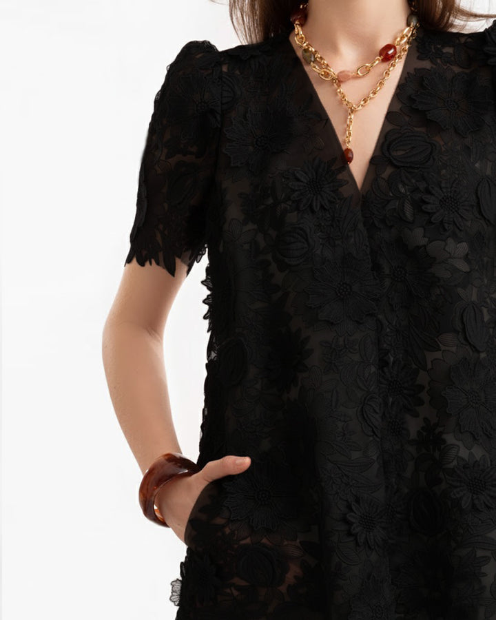 3D Floral Puff Shoulder Dress