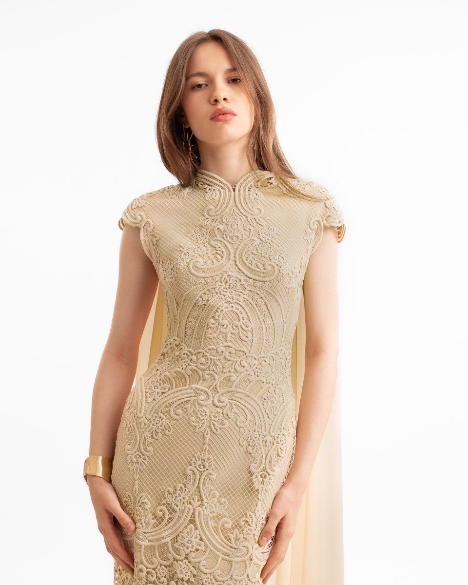 Guipure Midi Dress with Cape Overlay - Gemy Maalouf