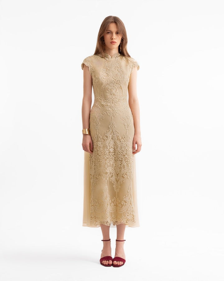 Guipure Midi Dress with Cape Overlay - Gemy Maalouf