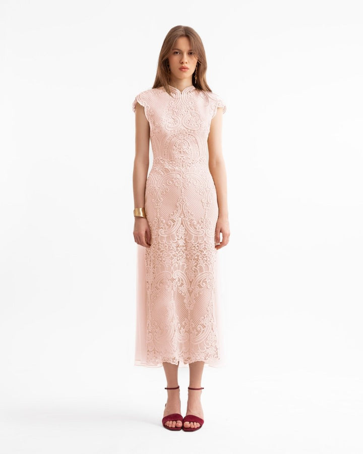 Guipure Midi Dress with Cape Overlay - Gemy Maalouf