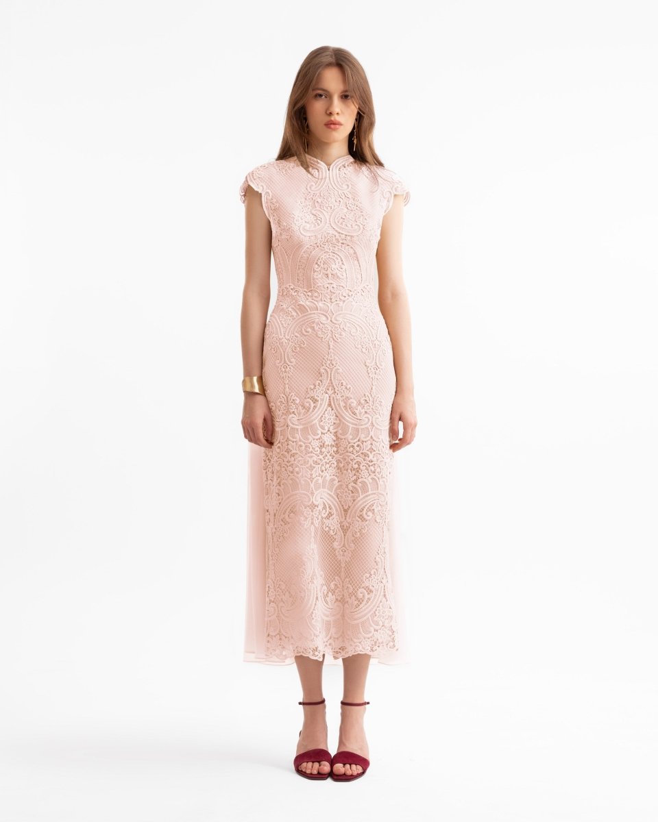 Guipure Midi Dress with Cape Overlay - Gemy Maalouf