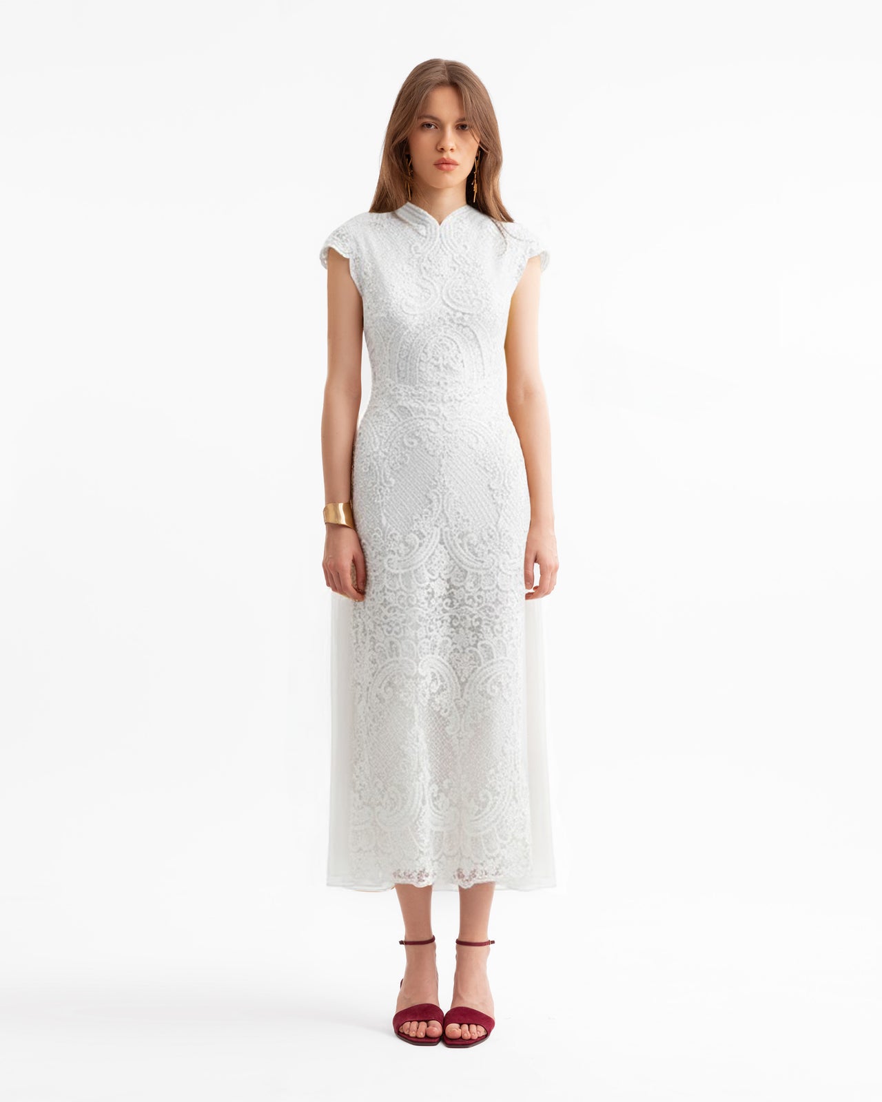 midi dress with cape overlay Cape Overlay Pearl-Detail Mermaid Midi Dress VOS LEE