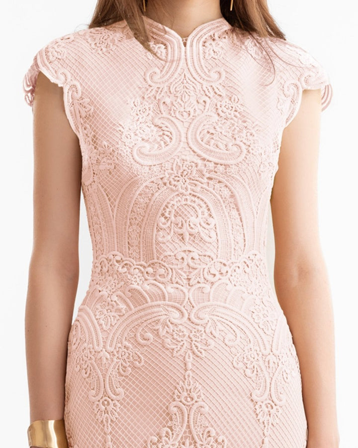 Guipure Midi Dress with Cape Overlay - Gemy Maalouf