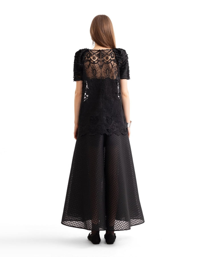 Embroidered Lace Top with Textured Flared Skirt - Gemy Maalouf