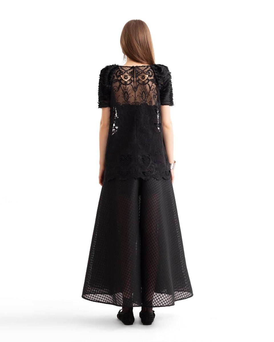 Embroidered Lace Top with Textured Flared Skirt - Gemy Maalouf