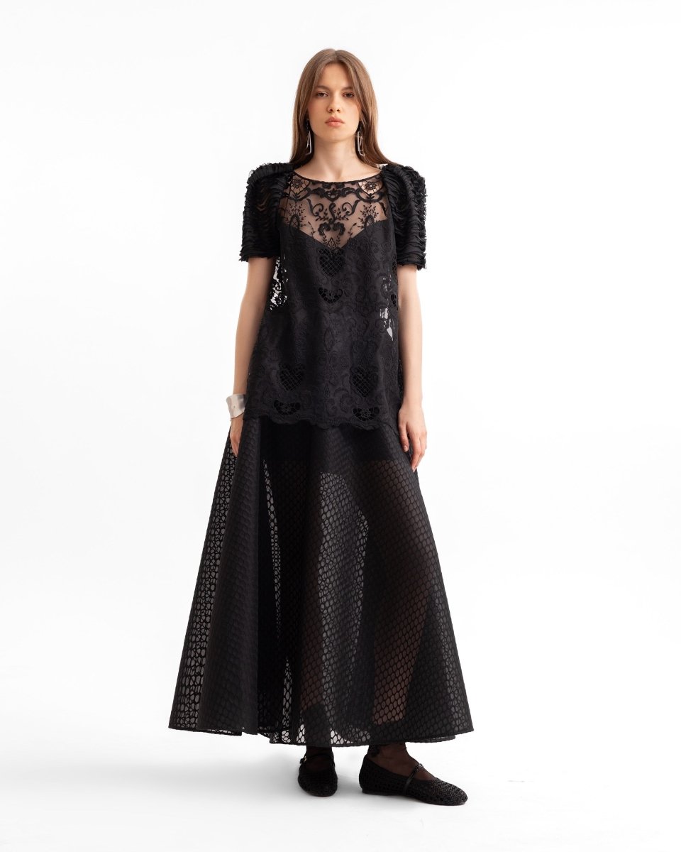 Embroidered Lace Top with Textured Flared Skirt - Gemy Maalouf