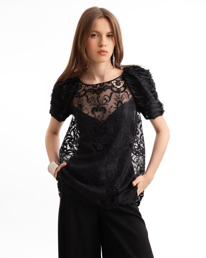 Embroidered Lace Top with Wide - Leg Pants - Gemy Maalouf