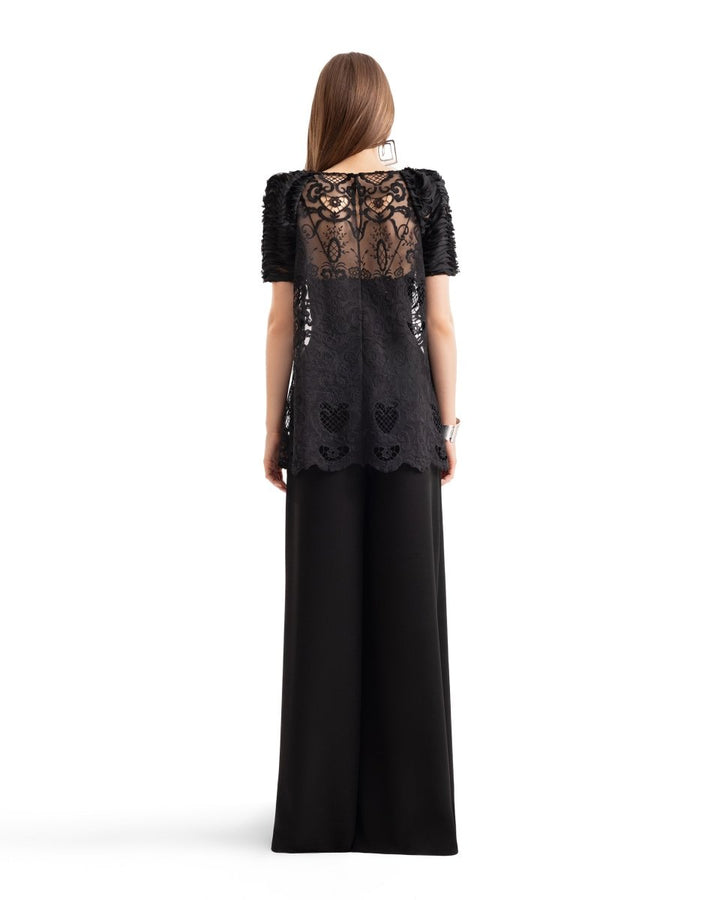 Embroidered Lace Top with Wide - Leg Pants - Gemy Maalouf