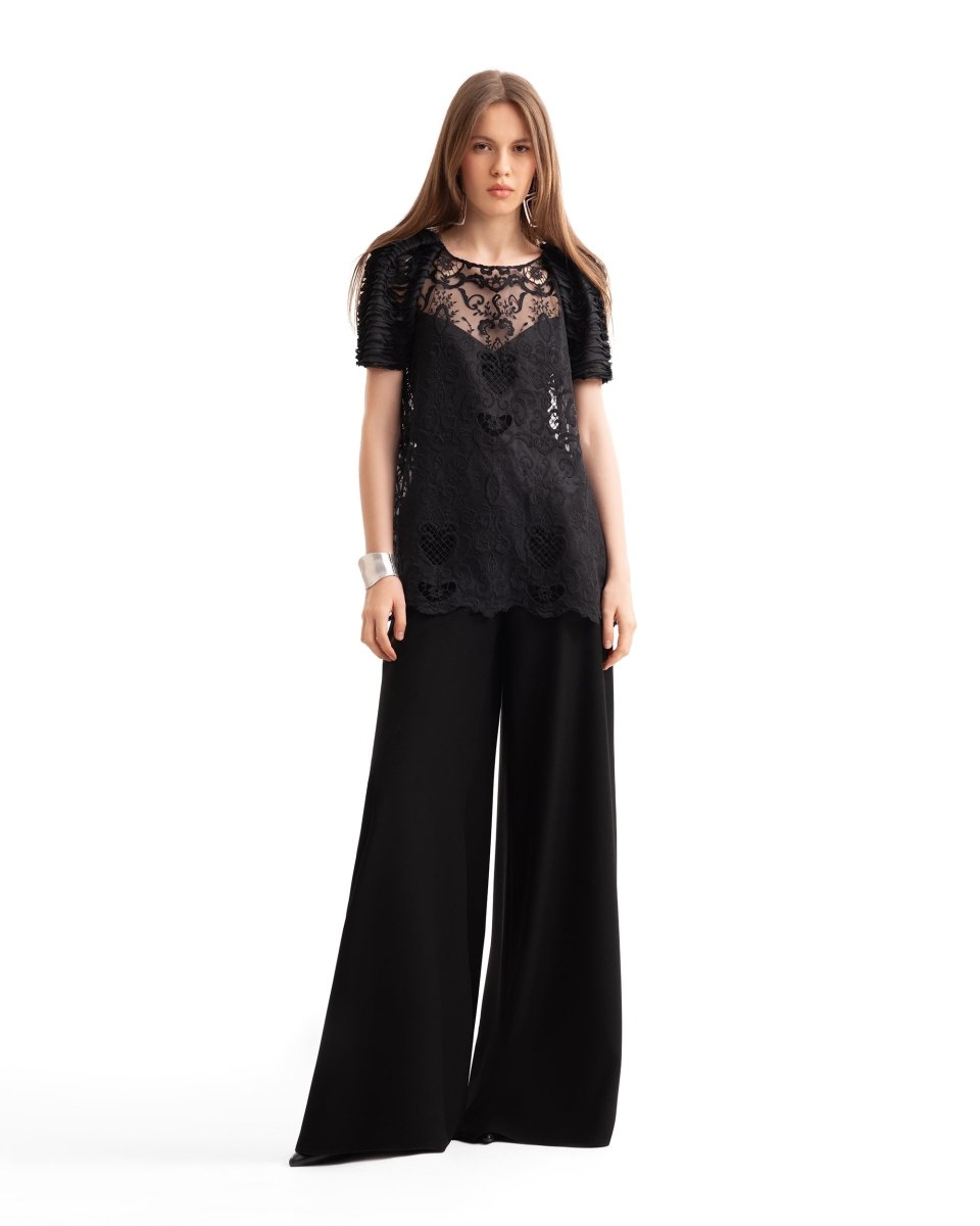 Embroidered Lace Top with Wide - Leg Pants - Gemy Maalouf