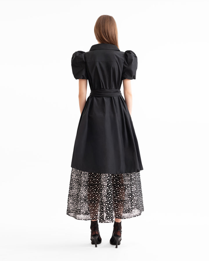 Puff-Sleeve Shirt Dress with Polka Dot Skirt