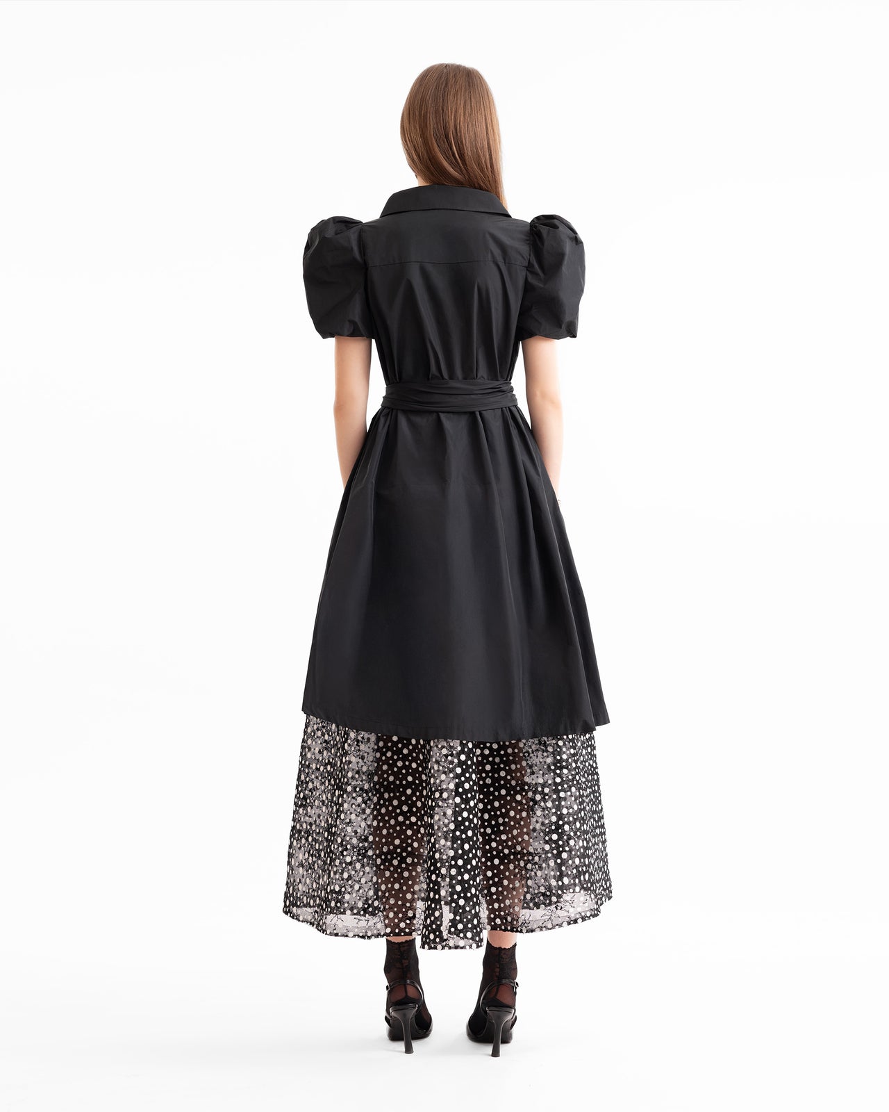 Puff-Sleeve Shirt Dress with Polka Dot Skirt