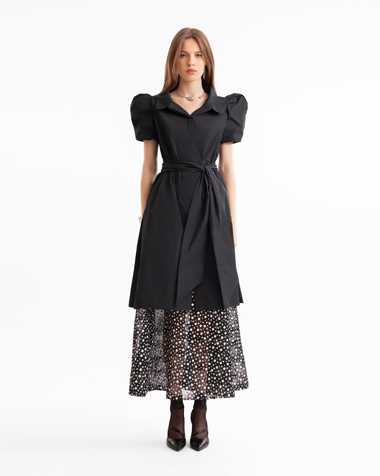 Puff-Sleeve Shirt Dress with Polka Dot Skirt