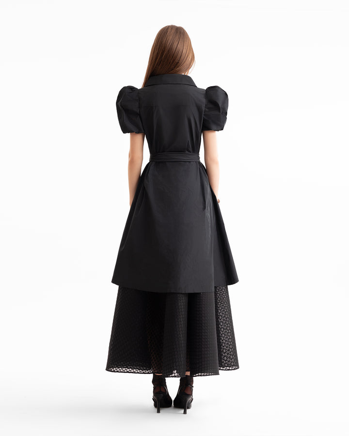 Puff-Sleeve Shirt Dress with Textured Skirt
