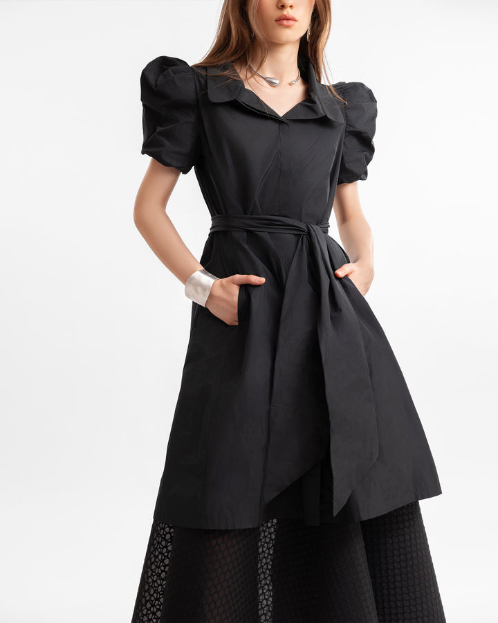 Puff-Sleeve Shirt Dress with Textured Skirt