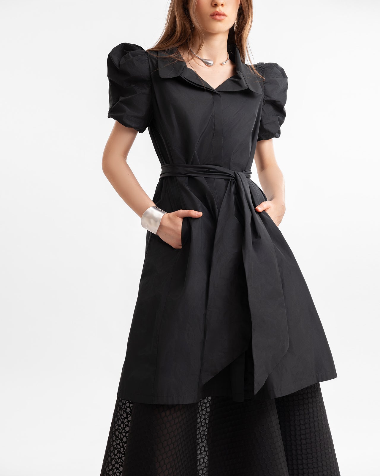 Puff-Sleeve Shirt Dress with Textured Skirt