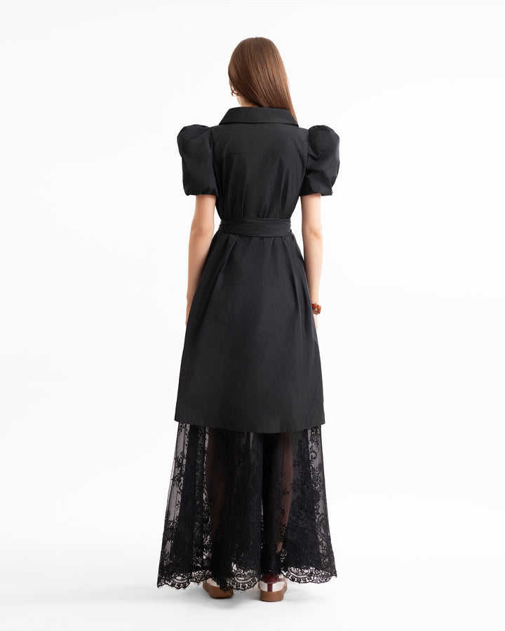 فستان قميص بأكمام منتفخة مع تنورة دانتيل