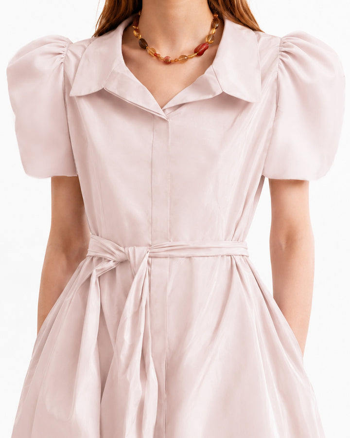 Puff-Sleeve Shirt Dress with Lace Skirt
