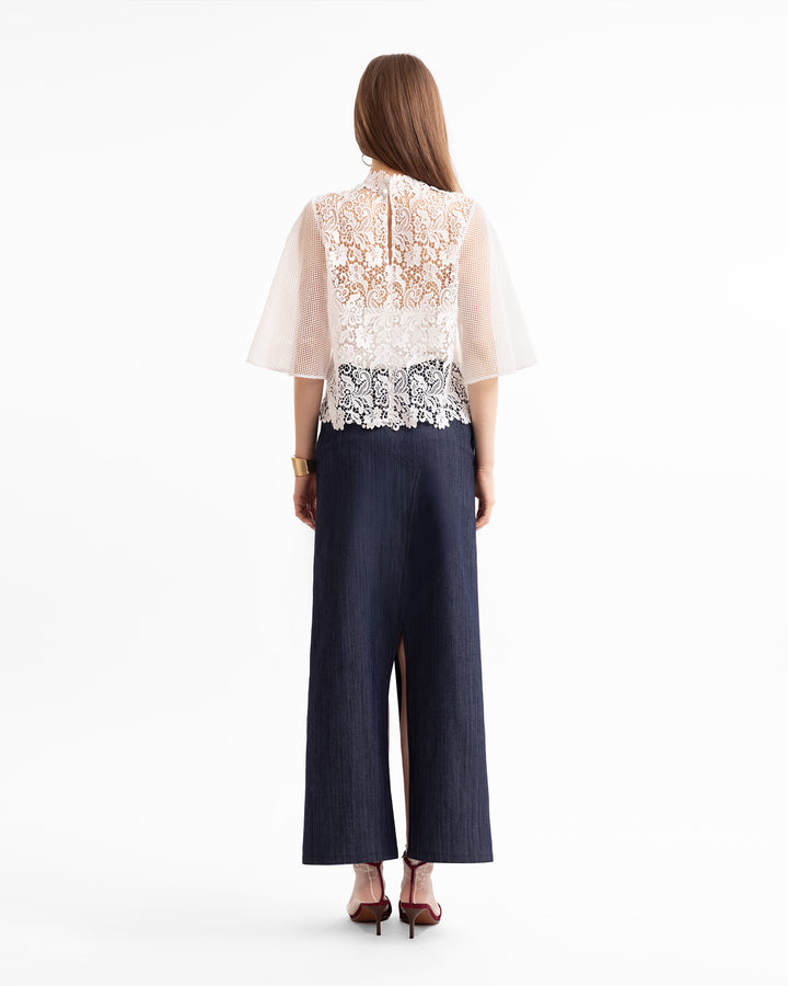 Guipure Top with Denim Midi Skirt