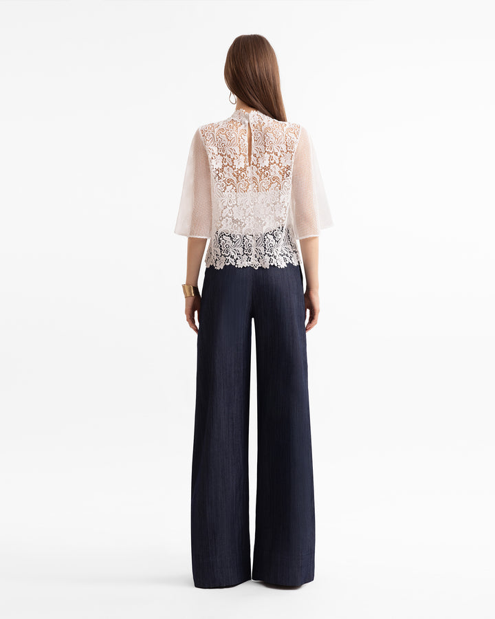 Guipure Top with Flared Sleeves & Denim Trousers
