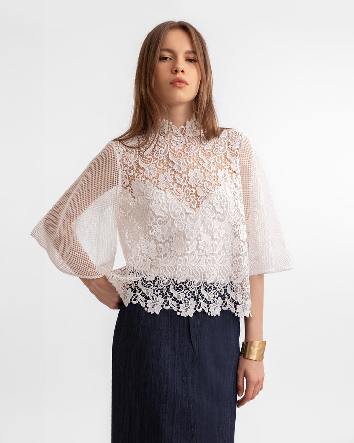Guipure Top with Denim Midi Skirt