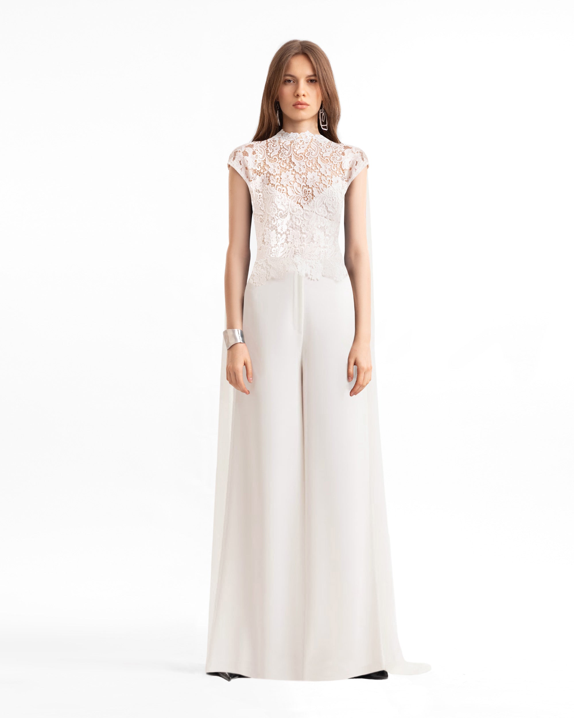 Floral Guipure Top with Cape & Wide-Leg Pants