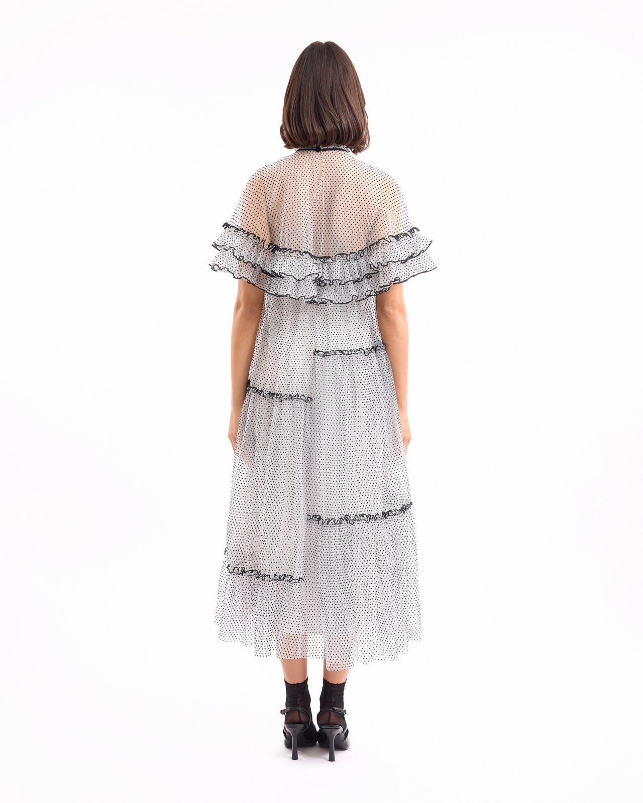 Dotted Midi Dress with Ruffle Cape