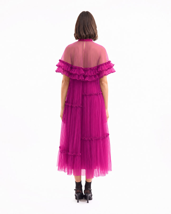 Pleated Midi Dress with Ruffle Cape