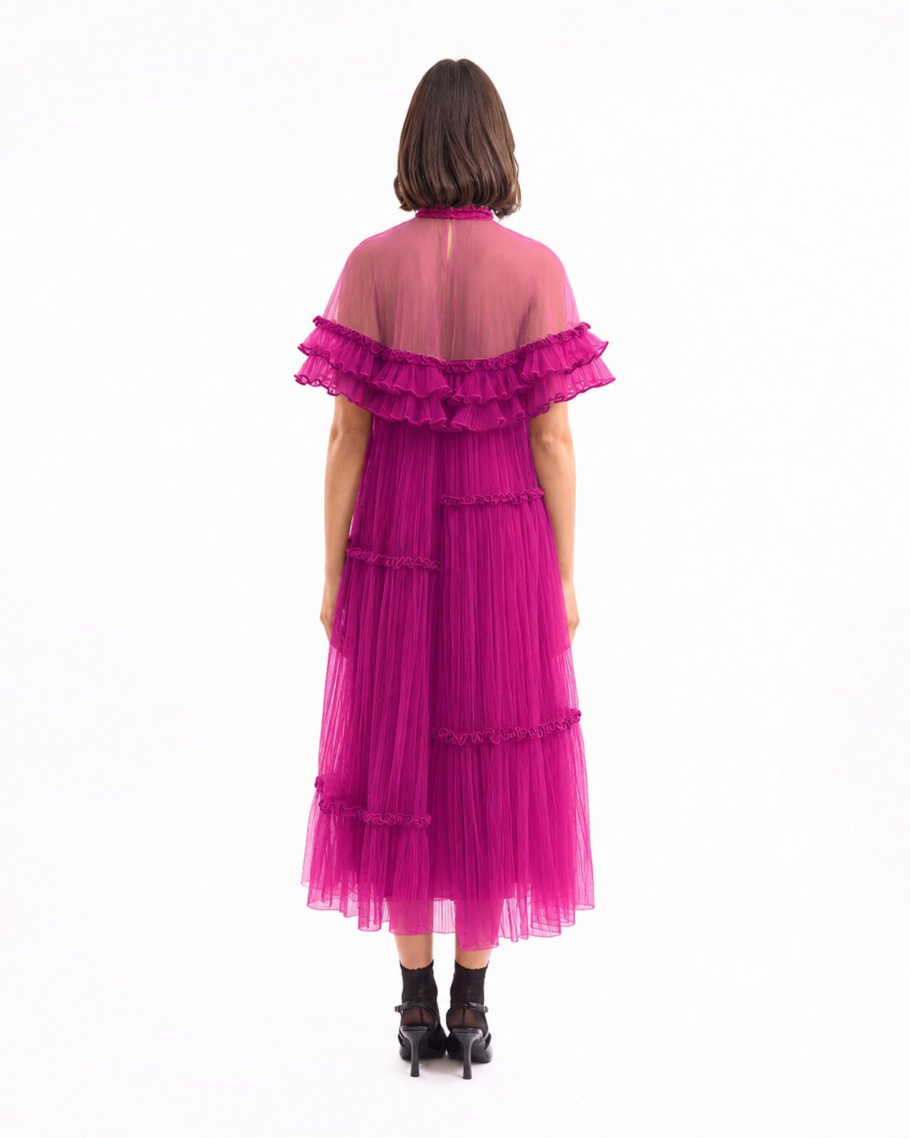 Pleated Midi Dress with Ruffle Cape
