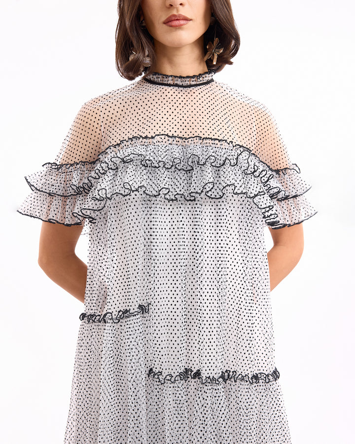 Dotted Midi Dress with Ruffle Cape