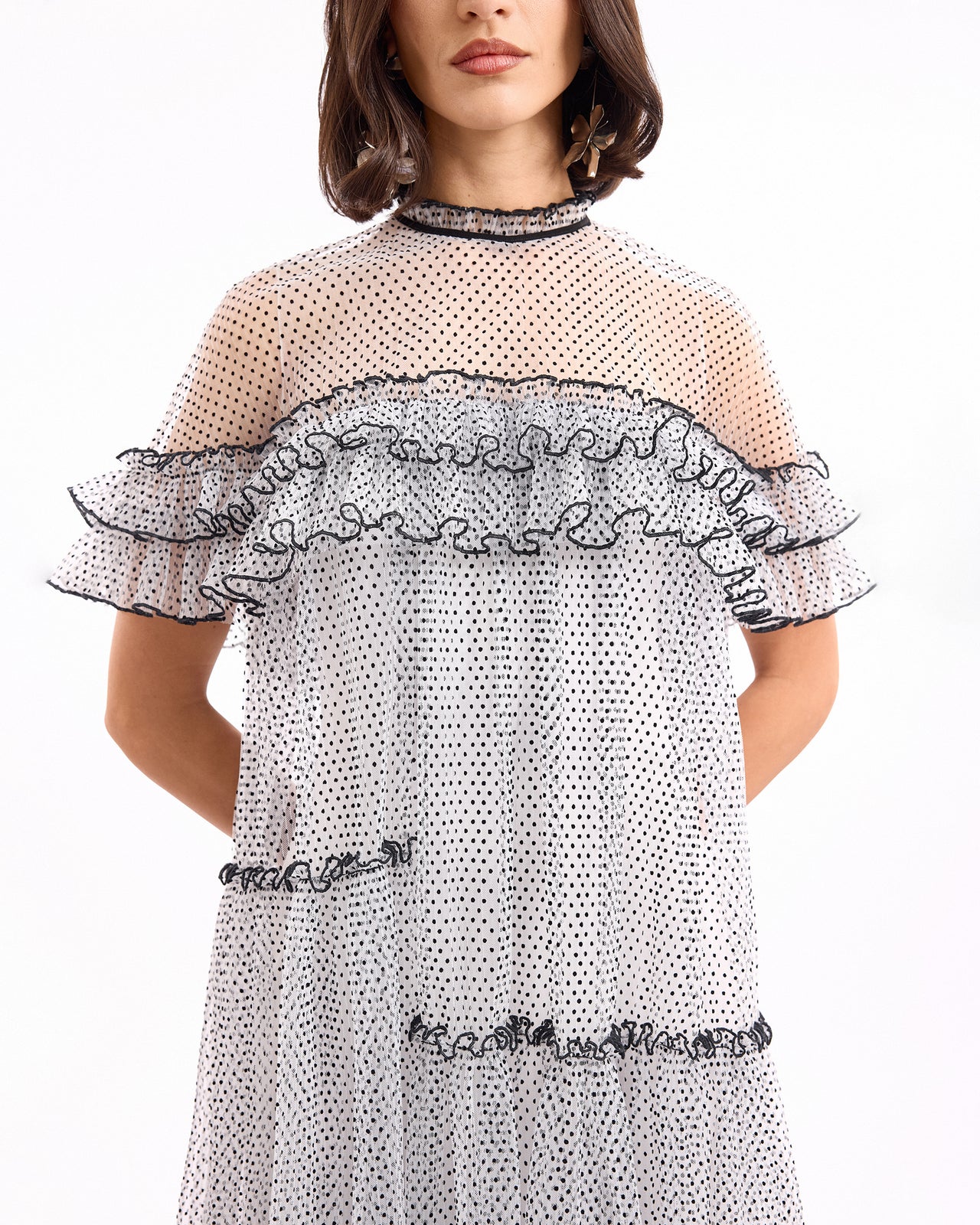 Dotted Midi Dress with Ruffle Cape