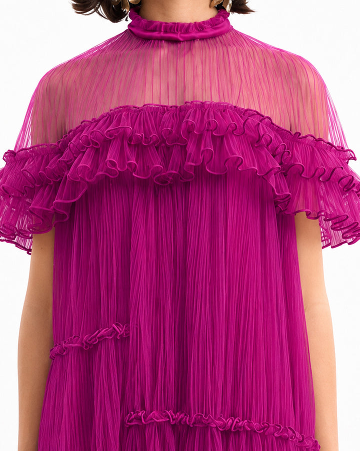 Pleated Midi Dress with Ruffle Cape