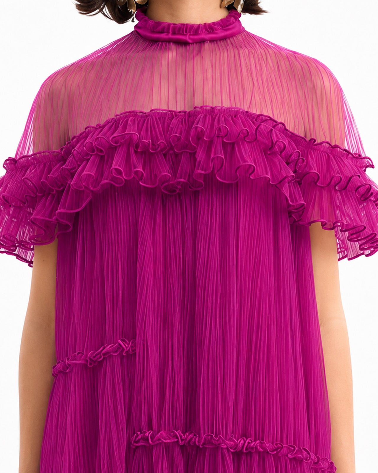 Pleated Midi Dress with Ruffle Cape