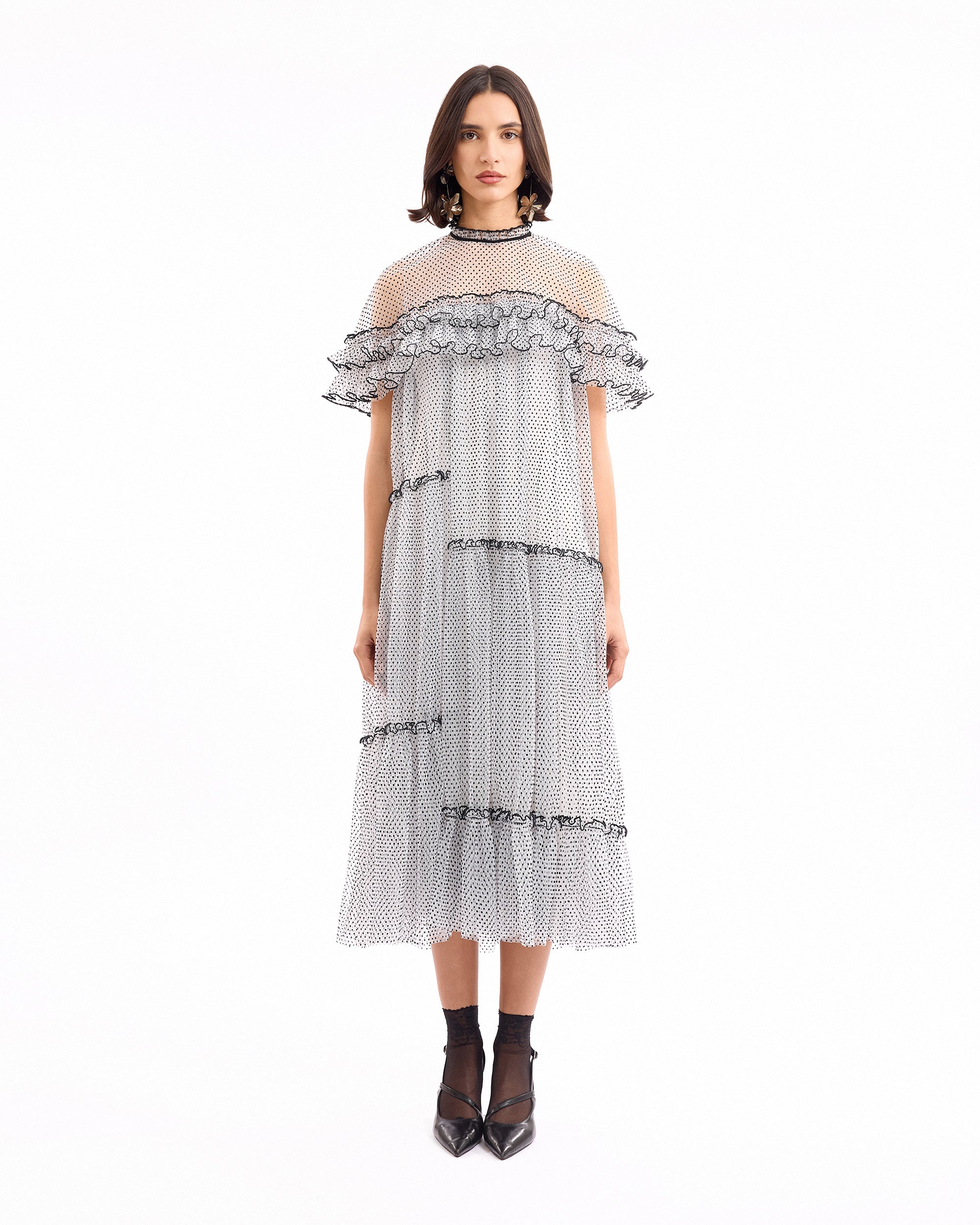 Dotted Midi Dress with Ruffle Cape